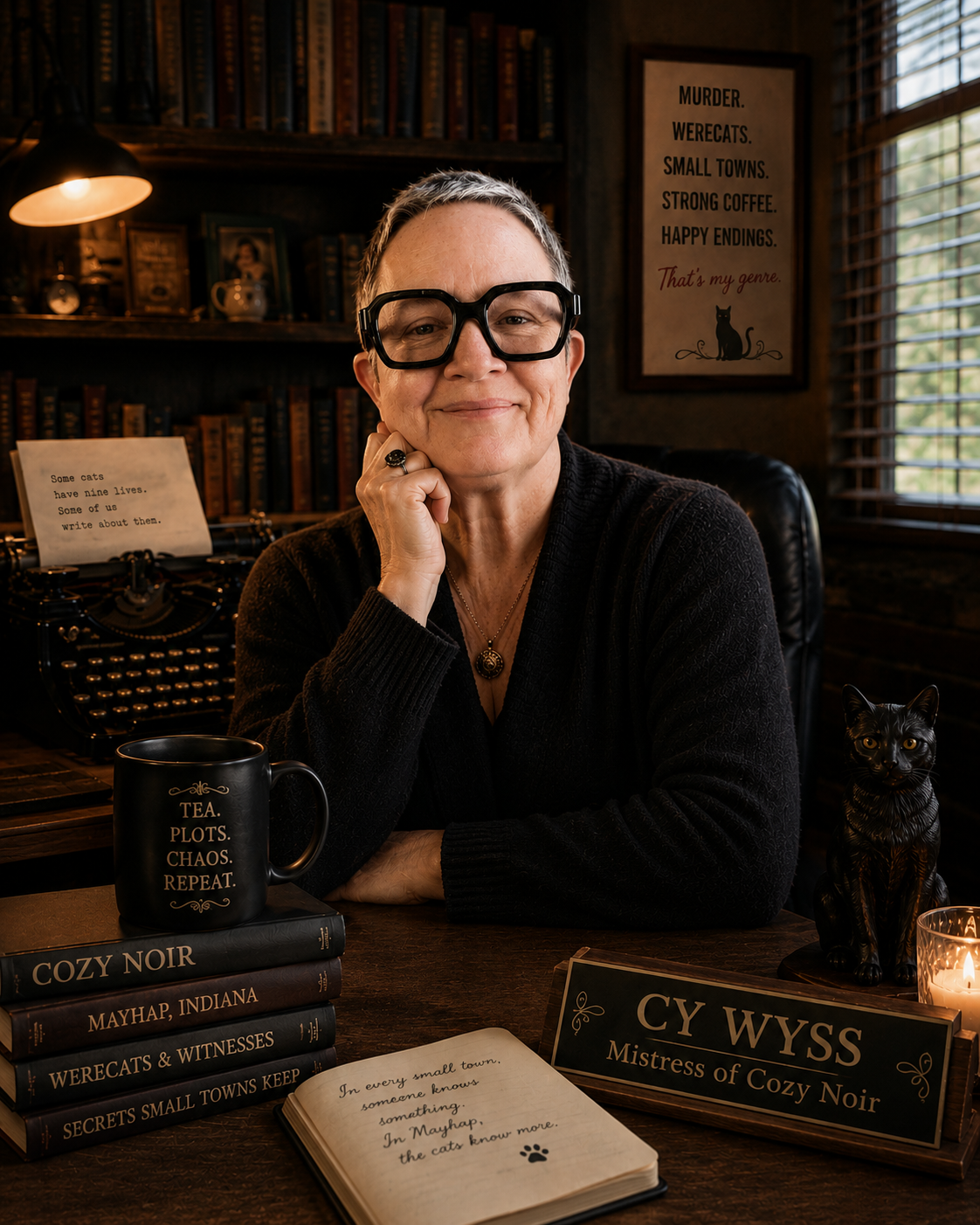 Cy Wyss seated in a warmly lit library